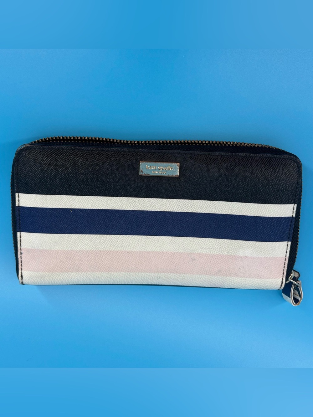 Kate Spade Laurel Way Printed Neda Cruise Stripe Clutch- navy black cream pink